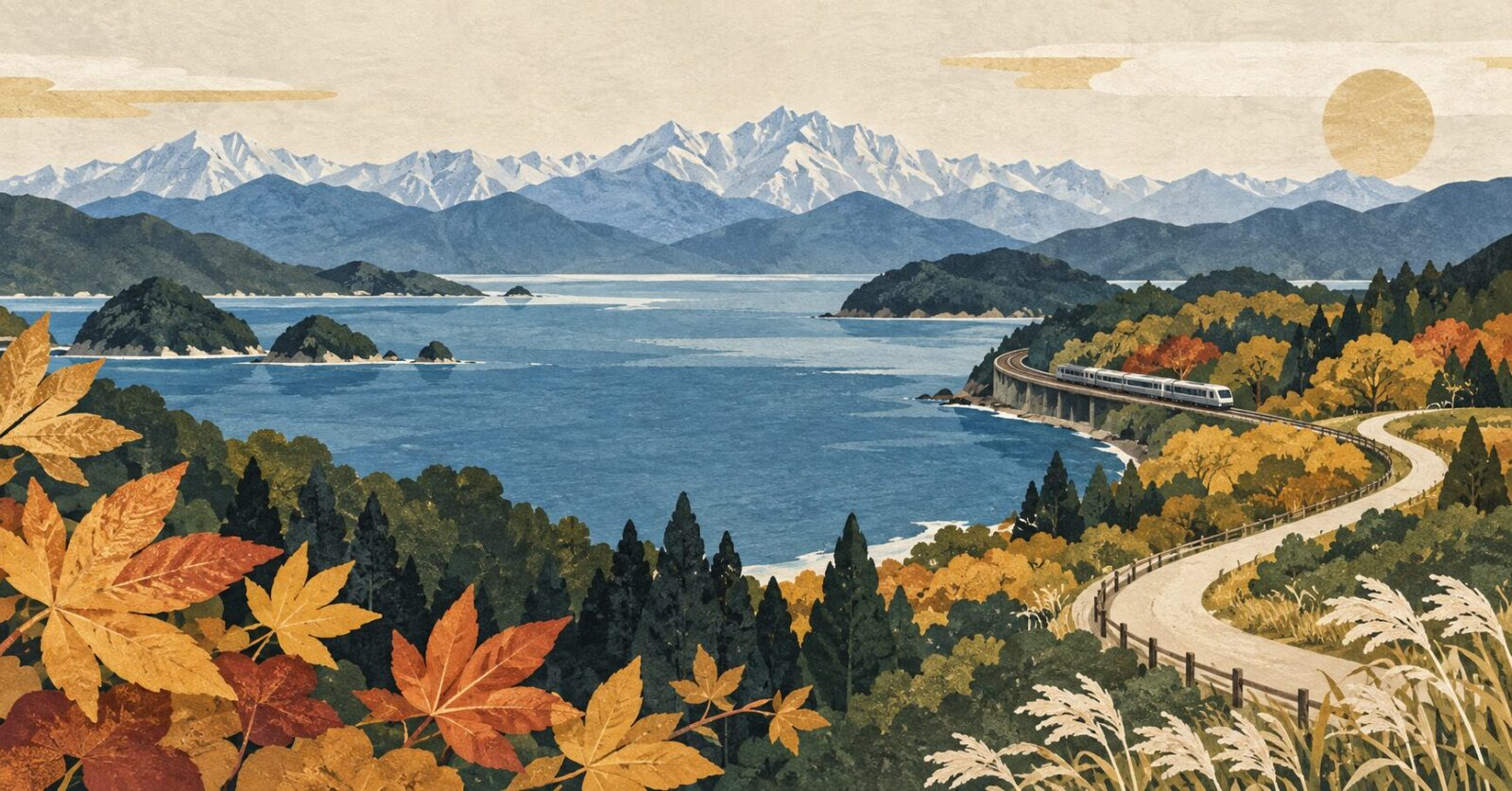 山並み、水辺、列車を描いた富山の秋旅のイメージイラスト(AI生成)