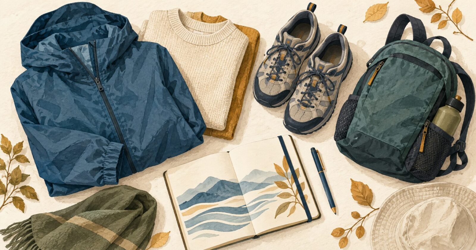 9月の富山旅行の服装と持ち物を表したAIイラスト。